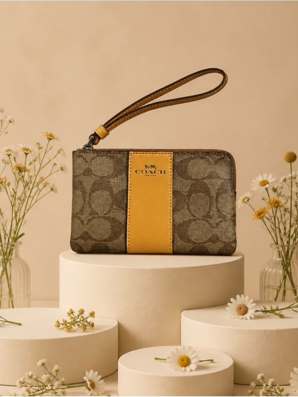 Coach Brown Signature Wristlet Wallet with Yellow Center Stripe